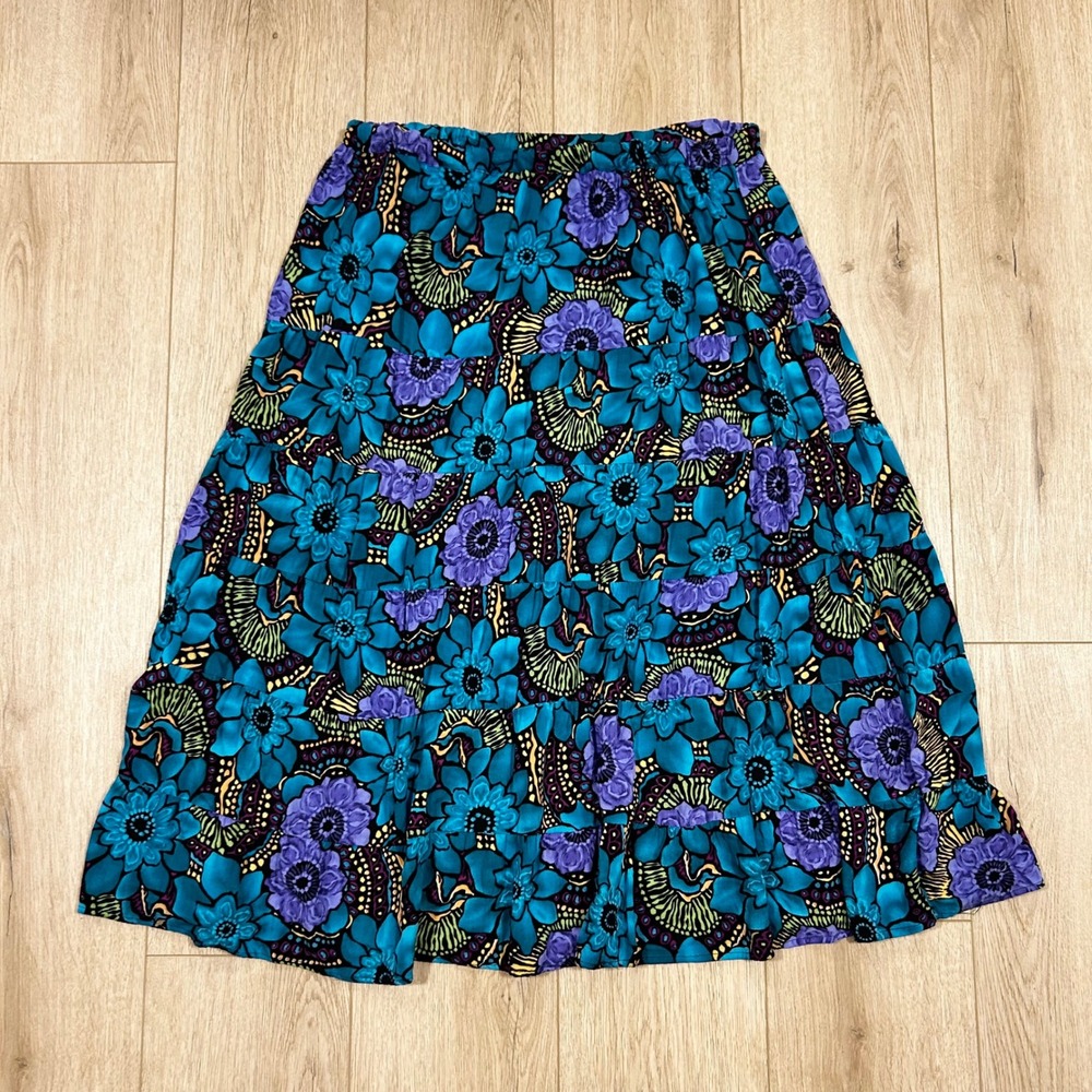 Elementz Woman Floral‎ Tiered Midi Skirt Blue Purple Boho Rayon Plus 1X WCAK0113